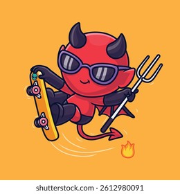 Cool Devil Cartoon Character Riding Skateboard – Funny Vector Illustration