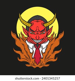 Cool Devil Head and Fire Vector Illustration