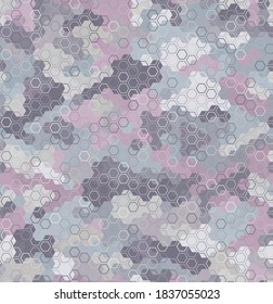 Cool digital camouflage for girls seamless pattern background. Pink and white colored hexagon snakeskin. Abstract winter hunting masking ornament texture. Vector decorative illustration background