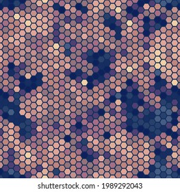 Cool digital camouflage for girls seamless pattern background. Pink and white colored hexagon snakeskin. Abstract winter hunting masking ornament texture. Vector decorative illustration background