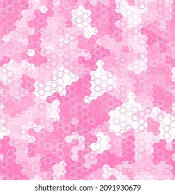 Cool digital camouflage for girls seamless pattern background. Urban pink colored hexagon snakeskin. Abstract army and hunting masking ornament texture. Vector decorative illustration background