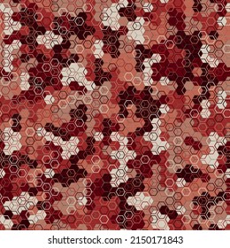 Buen camuflaje digital para niñas con un fondo de patrón impecable. Snakeskin hexagonal de color rojizo. Resumen de la textura de ornamento de caza de invierno. Fondo de ilustración decorativa vectorial