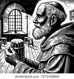 In the cool, dimly lit wine cellar, an old monk holds a mug of beer. A Medieval Monk Enjoying a Pint