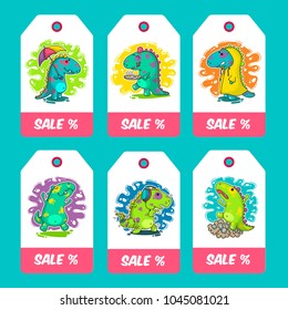 Cool Dino doodle vector cards. Illustration about sale
