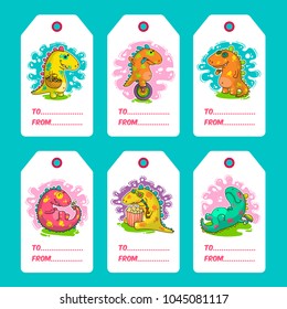 Cool Dino doodle vector cards. Funny bright illustration