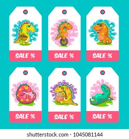 Cool Dino doodle vector cards. Illustration about sale