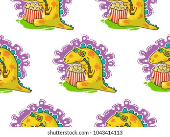 Cool Dino doodle vector illustration for cards, prints, stickes and other design. Seamless pattern. Wrapping paper