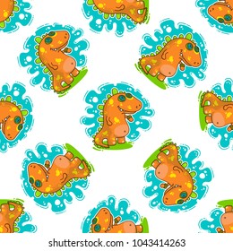Cool Dino doodle vector illustration for cards, prints, stickes and other design. Seamless pattern. Wrapping paper