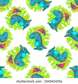 Cool Dino doodle vector illustration for cards, prints, stickes and other design. Seamless pattern. Wrapping paper