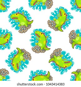 Cool Dino doodle vector illustration for cards, prints, stickes and other design. Seamless pattern. Wrapping paper