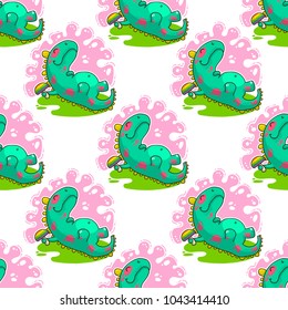 Cool Dino doodle vector illustration for cards, prints, stickes and other design. Seamless pattern. Wrapping paper
