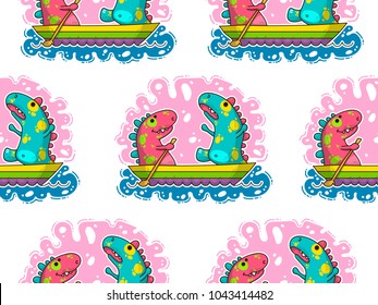 Cool Dino doodle vector illustration for cards, prints, stickes and other design. Seamless pattern. Wrapping paper