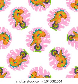 Cool Dino doodle vector illustration for cards, prints, stickes and other design. Seamless pattern. Wrapping paper