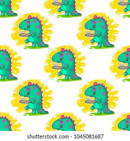 Cool Dino doodle vector illustration for cards, prints, stickes and other design. Seamless pattern. Wrapping paper