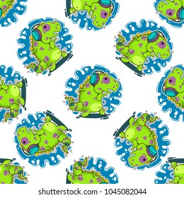 Cool Dino doodle vector illustration for cards, prints, stickes and other design. Seamless pattern. Wrapping paper