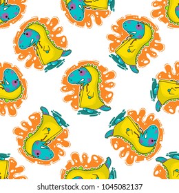 Cool Dino doodle vector illustration for cards, prints, stickes and other design. Seamless pattern. Wrapping paper
