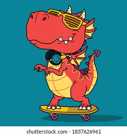 Cool dino playing skateboard. Shirt print.