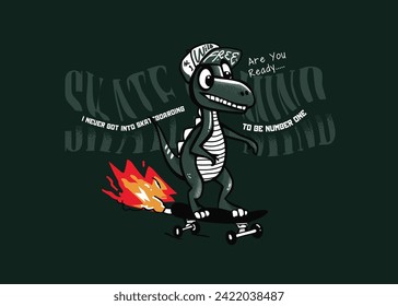 Cool dinosaur cartoon playing skateboard. tee print design with skateboarder dinosaur drawing as vector for kids fashion