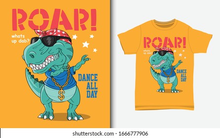 Cool dinosaur dabbing illustration with t-shirt design, Hand drawn