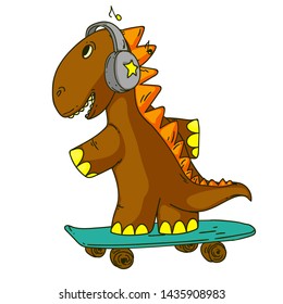 Cool dinosaur, dino listening music. Cartoon mascot for children, kids clothing. Fashionable illustration for t-shirt designs