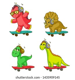 Cool dinosaur, dino listening music. Cartoon mascot for children, kids clothing. Fashionable illustration for t-shirt designs
