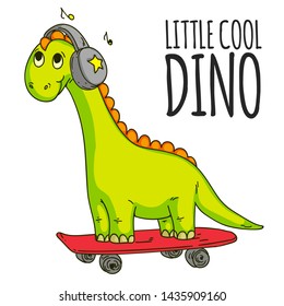 Cool dinosaur, dino listening music. Cartoon mascot for children, kids clothing. Fashionable illustration for t-shirt designs