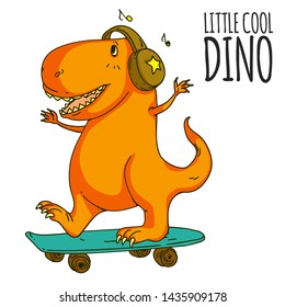 Cool dinosaur, dino listening music. Cartoon mascot for children, kids clothing. Fashionable illustration for t-shirt designs