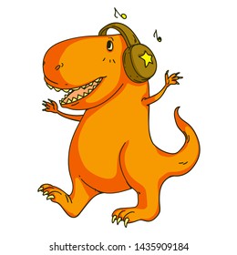 Cool dinosaur, dino listening music. Cartoon mascot for children, kids clothing. Fashionable illustration for t-shirt designs