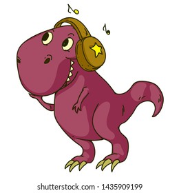 Cool dinosaur, dino listening music. Cartoon mascot for children, kids clothing. Fashionable illustration for t-shirt designs