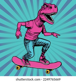 cool dinosaur dressed in human clothes and riding a skateboard isolated