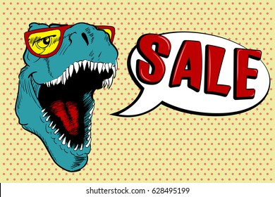 Cool dinosaur dressed in sunglasses calls for sale.Vector poster for to attract of buyers.Pop art style