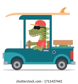 Cool dinosaur driving a pickup with a surfboard. Cartoon style. Vector illustration. Flat design style.