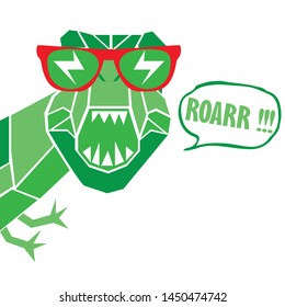 Cool dinosaur with eyeglasses and roar slogan cartoon vector illustration on white background