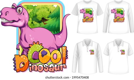 Cool Dinosaur font and Dinosaur cartoon character logo with different types of shirts illustration