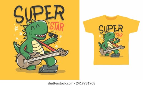 Cool Dinosaur with Guitar tshirt art fashion designs.