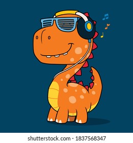 Cool dinosaur listening music with headphones