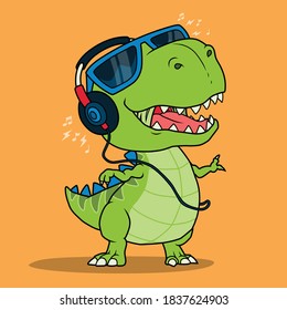 Cool dinosaur listening music with headphones