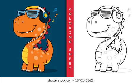 Cool dinosaur listening music with headphones. Coloring sheet.