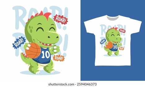 Cool dinosaur play basketball hand drawn, ready for print on t-shirt and other uses.