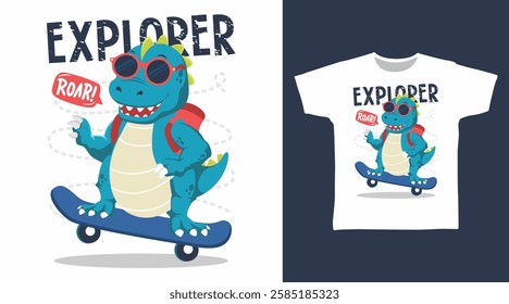 Cool dinosaur play skateboard hand drawn, vector ready for print on t shirt and other uses.