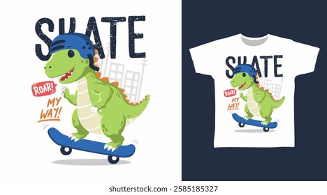 Cool dinosaur play skateboard hand drawn, vector ready for print on t shirt and other uses