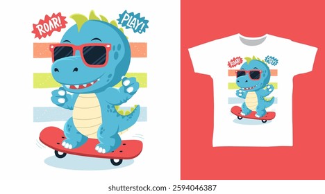 Cool dinosaur play skateboard hand drawn, ready for print on t-shirt and other uses.