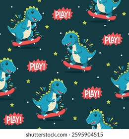 Cool dinosaur play skateboard hand drawn pattern designs for print on fabric and other uses