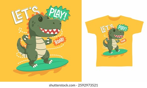 Cool dinosaur play surfing hand drawn, ready for print on t shirt and other uses