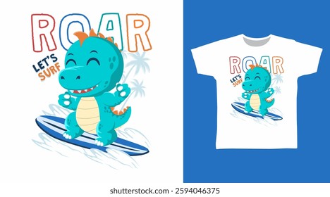 Cool dinosaur play surfing hand drawn, ready for print on t-shirt and other uses.