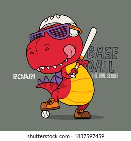 Cool dinosaur playing baseball. Hand drawn.