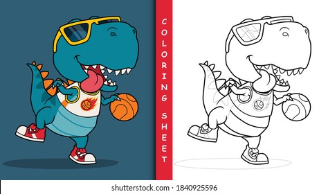 Cool dinosaur playing basketball. Coloring sheet.