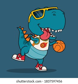 Cool Dinosaur Playing Basketball. Hand Drawn.