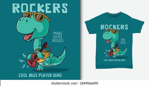 Cool dinosaur playing bass guitar. with t-shirt design.
