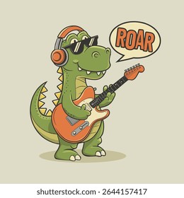 Cool Dinosaur Playing Electric Guitar cartoon